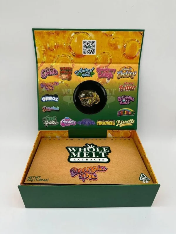 WHOLE-MELT-EXTRACTS-GEORGIA-PIE Whole Melt Extracts Georgia Pie shatter slab in green and gold packaging