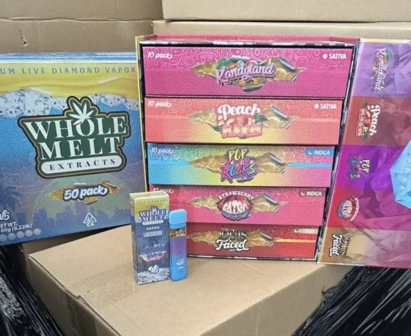 Whole-Melt-Extracts-V5-Disposable-Vape-Cart Whole Melts V5 Disposable Vape Cart premium cannabis vape with 10 different flavors including KandyLand and Peach Flambe, Strawberry Fatso